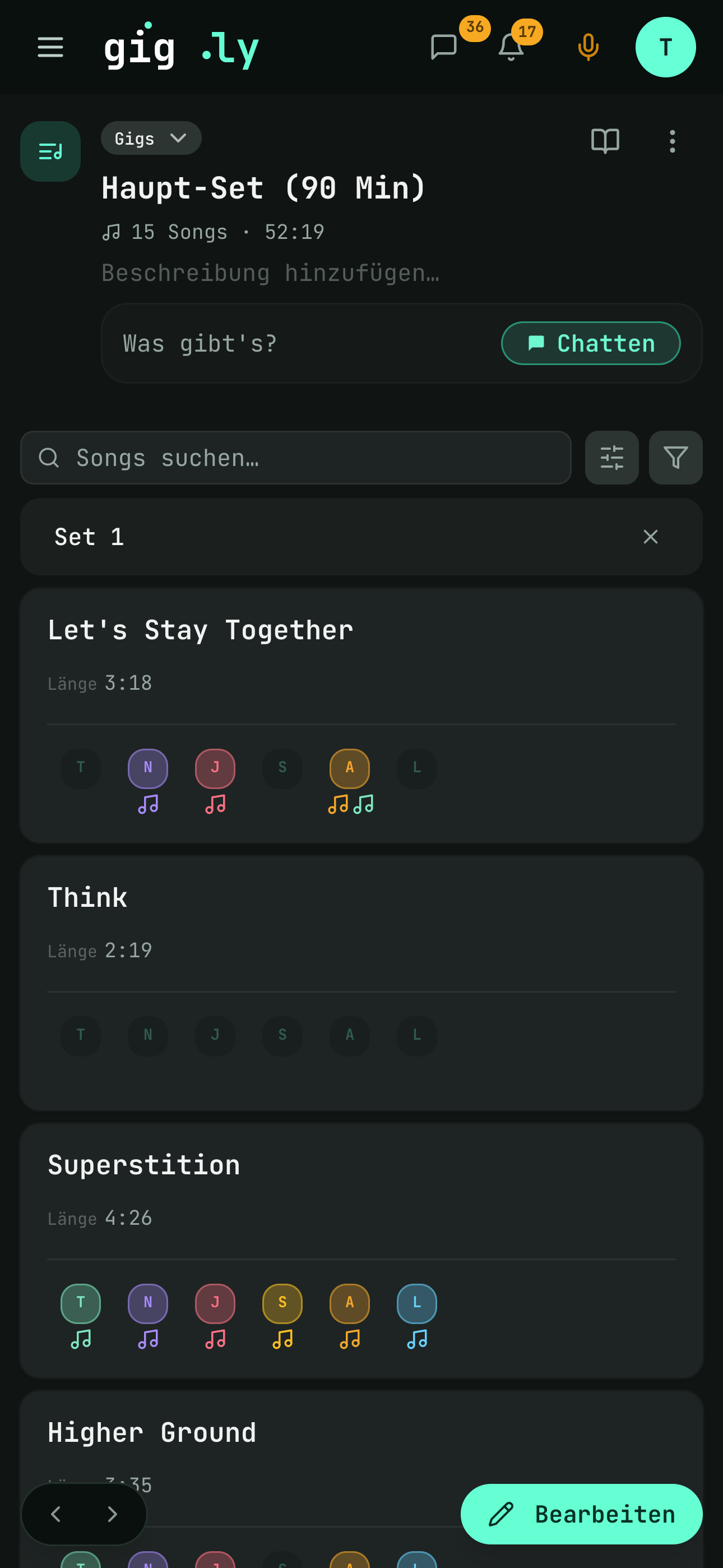 Die Setlist mit Pausenzeile
