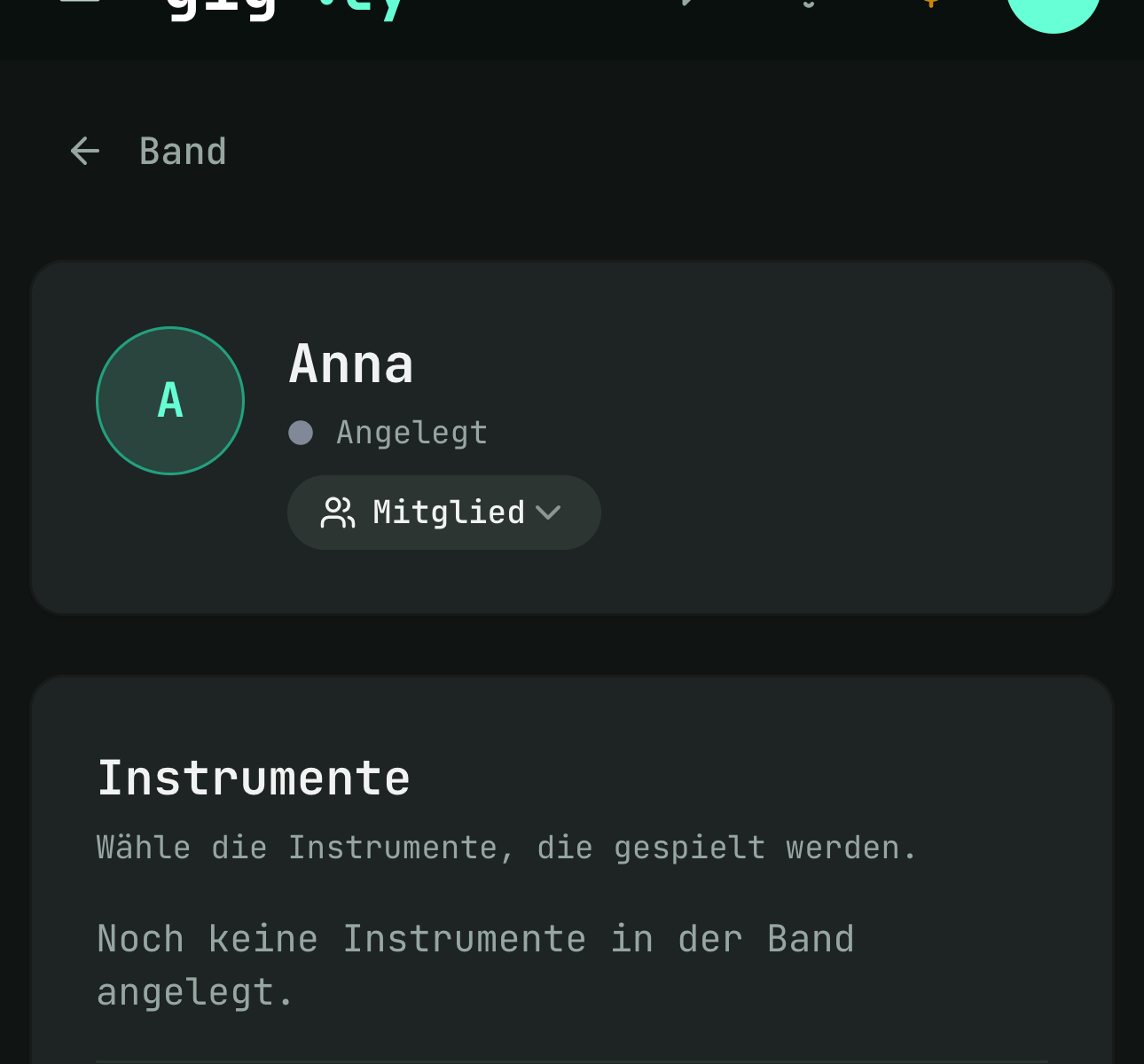 Am Mitglied stehen die Instrumente, die es spielt.