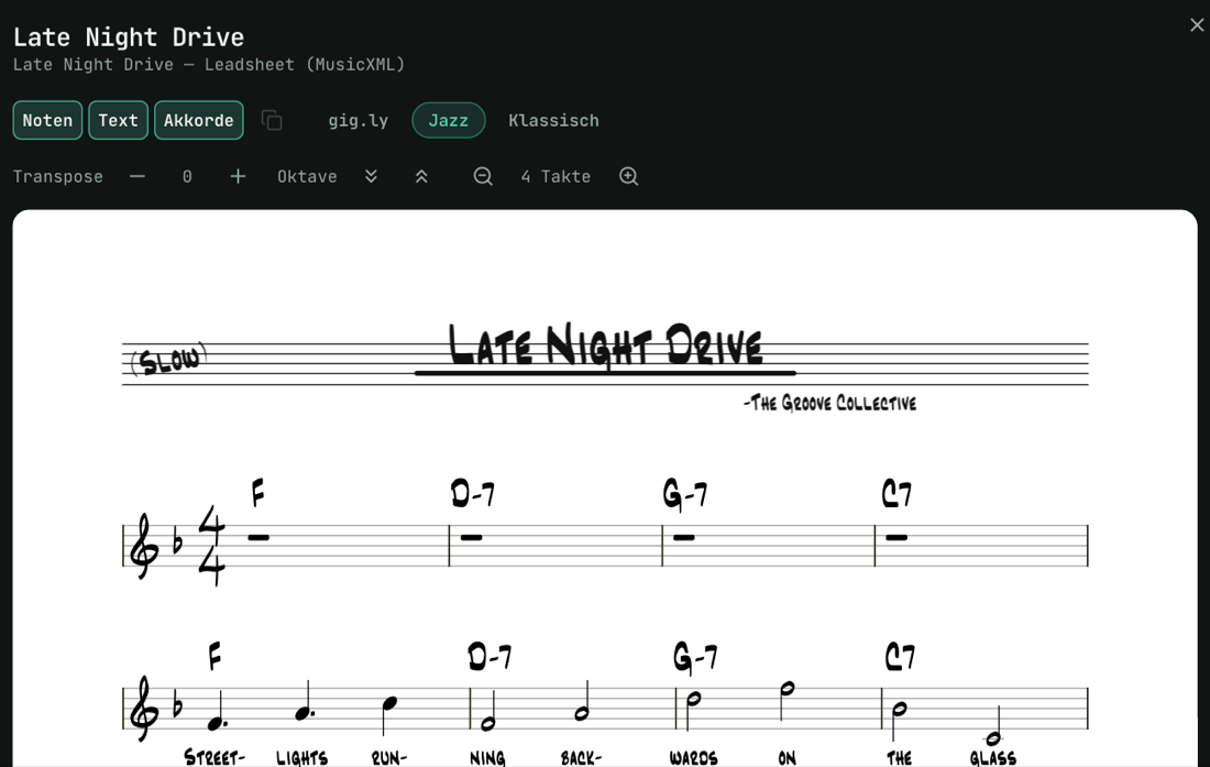 Jazz: der Titel auf der leeren Zeile, das Tempo in Klammern.