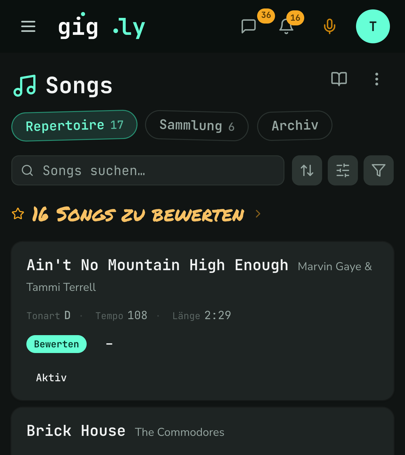 Tonart und Original stehen nebeneinander in der Songzeile.