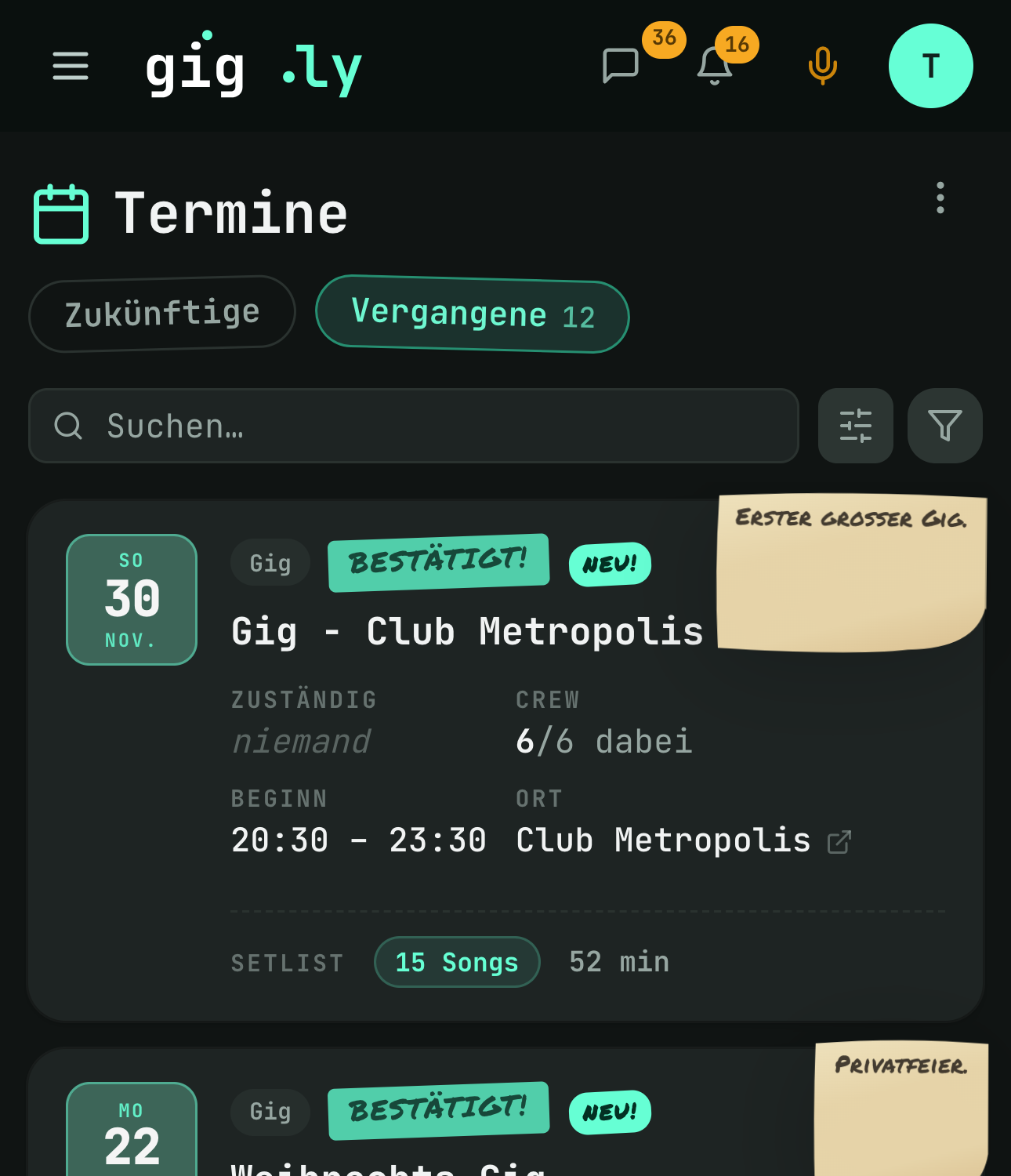 Die Terminliste zeigt pro Termin, wie viele dabei sind.