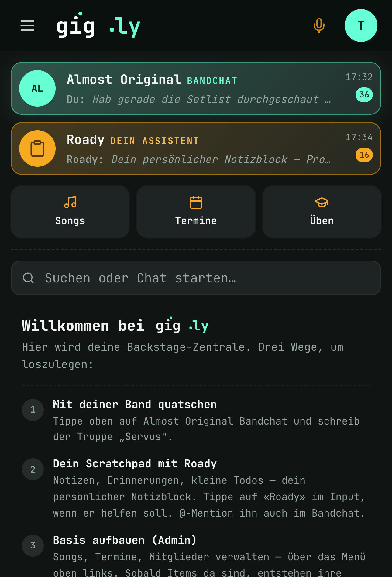 Die Chatübersicht: Bandchat, Roady, und darunter jedes Gespräch, das gerade läuft.